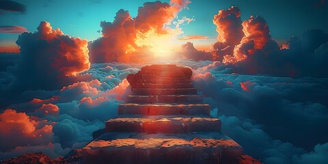 Ascending the Stone Steps: A Gateway to Heaven. Concept Photography, Nature, Travel, Exploration, Experience - obrazy, fototapety, plakaty