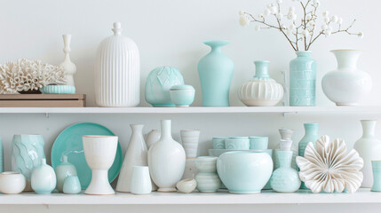 Fototapeta na wymiar A simple yet stunning gallery display of white ceramic objects with one standout piece in a bright turquoise hue. . .