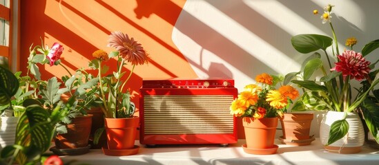 Red vintage radio surrounded by flowers in pots on a table with white and orange geometric shapes