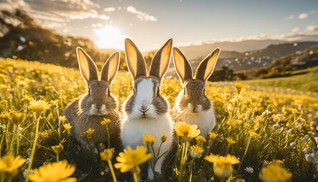three animated easter rabbits with expressive faces surrounded by vibrant yellow flowers in a sunny spring meadow