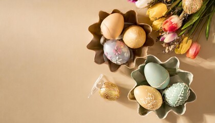easter decorations concept top view vertical photo of colorful easter eggs baking molds and easter bouquet on isolated beige background with copyspace