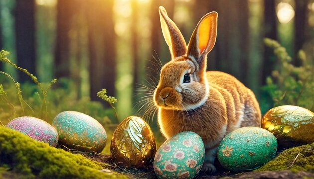 happy easter eggs easter bunny 4k hdd images for wallpaper and easter wishes easter bunny and colored eggs in the forest on a dark background