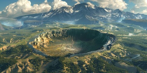 A serene mountain range is suddenly interrupted by a monstrous crater indicating the ferocity of a meteorites collision. - obrazy, fototapety, plakaty