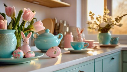 close up of the kitchen shelf and counter with pastel ceramics blue and pink plates and cups flowers and ceramic easter bunnies - obrazy, fototapety, plakaty