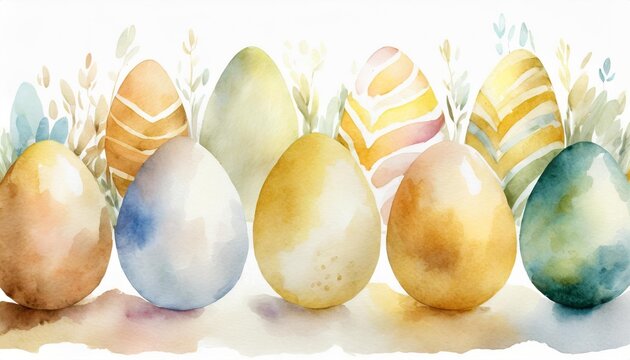 set of beautiful watercolor easter eggs over white background with empty space for text colorful illustration for poster card or greetings