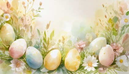 watercolor easter eggs with meadow flowers leaves and florals frame with space for text in pastel colors easter spring holiday aquarelle design template