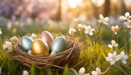 Fototapeta na wymiar colorful easter eggs in nest on grass with spring flowers background