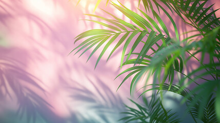 Pastel color abstract background with blurred shadow and palm leaves on the wall.