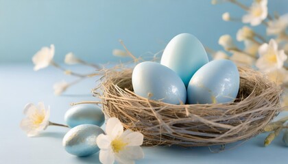 Obraz na płótnie Canvas pastel blue easter eggs in bird nest on blue background copy space for text