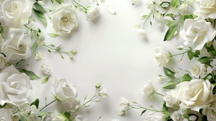 Elegant frame adorned with white roses and soft green leaves, eternal union against white