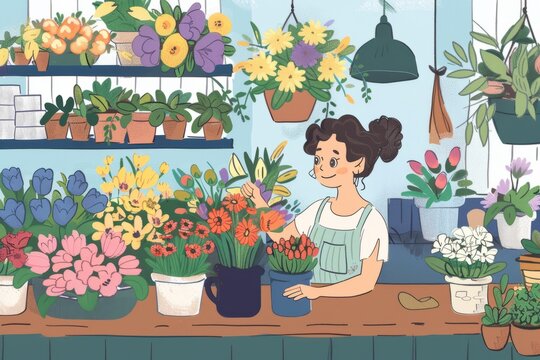 Cartoon cute doodles of a florist arranging a bouquet of colorful flowers in a quaint little shop, Generative AI