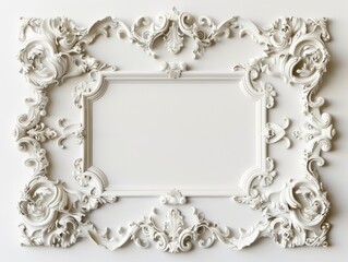 Elegant rectangular frame, intricate baroque details, on pristine white, essence of luxury and sophistication