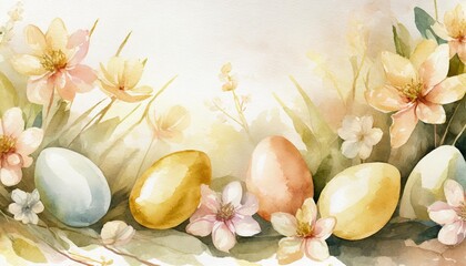 easter background with watercolor eggs and flowers spring illustration on white background