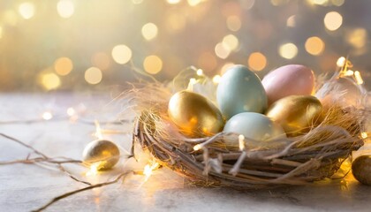 Fototapeta na wymiar beautiful easter background with colored eggs in a nest volumetric light copy space holiday lights space for text