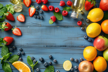 A flat lay of ripe berries, citrus fruits, and olive oil on a blue wooden background, portraying the ingredients for a healthy Mediterranean diet.