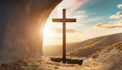 cinematic banner of cross in the easter empty christian tomb in the sunshine jesus christ easter empty tomb as a symbol of he is risen poster banner - obrazy, fototapety, plakaty