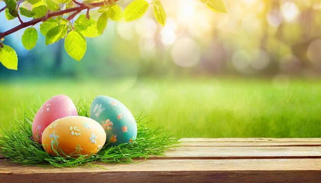 three painted easter eggs celebrating a happy easter on a spring day with a green grass meadow bright sunlight tree leaves and a background with copy space and a wooden bench to display products