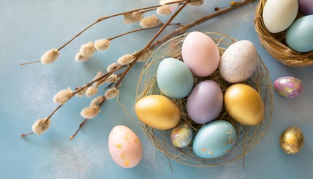 multicolored painted easter eggs and dried twigs on a blue background