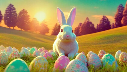 happy easter a white bunny and easter eggs in a colorful land filled with grass and trees - obrazy, fototapety, plakaty