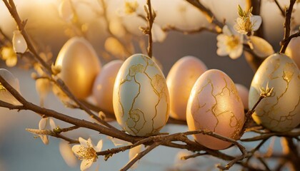 a whimsical arrangement of pastel easter eggs with golden cracks resting on branches in a soft light