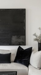Chic rectangular frame, black velvet accents, on a stark white setting, for a bold, luxurious statement