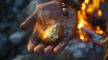 The image captures a hand holding a shining gold nugget with sparkles flying off it near a fire