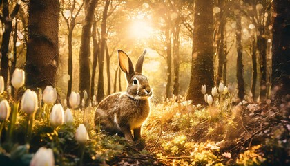enchanted easter a rabbit amidst a surreal fantasy forest in a captivating easter themed photograph - obrazy, fototapety, plakaty