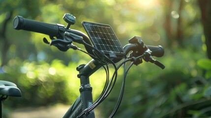 A closeup of the solar panel on the bikes handlebars glistening in the sunlight. . .