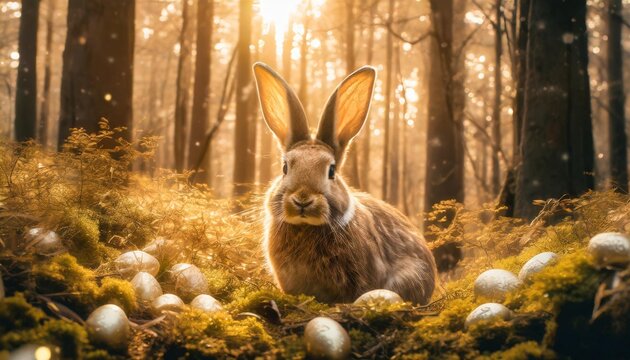 enchanted easter a rabbit amidst a surreal fantasy forest in a captivating easter themed photograph