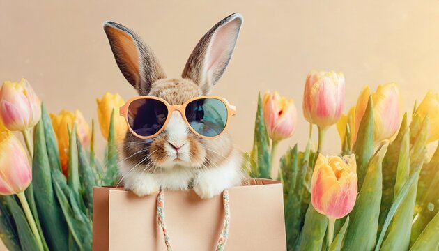 aid image with easter cute bunny rabbit holding flower bouquet shopping bag with sunglasses on eye amazed shocked or smiling face cute animal on paper bag drawn isolated mock up banner