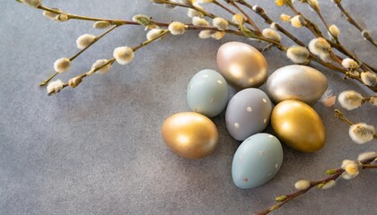 easter eggs on a gray background colorful easter eggs decorate the willow branches