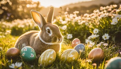 Fototapeta na wymiar easter bunny and colorful eggs on green grass with flowers background