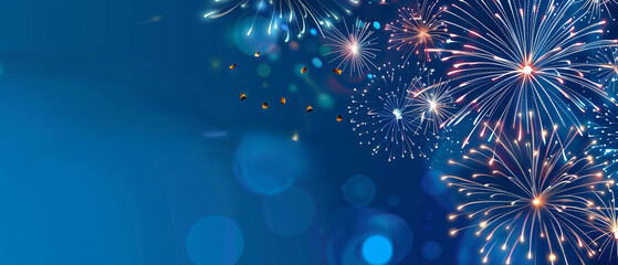 A vibrant blue background filled with a colorful burst of fireworks lighting up the sky in celebration