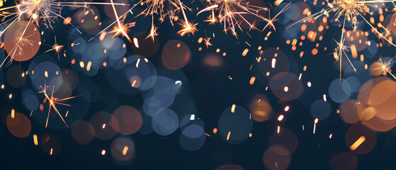 A vibrant array of fireworks burst in the night sky, erupting into cascades of colors and shimmering sparks in celebration of the New Year - obrazy, fototapety, plakaty
