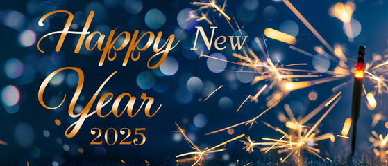 A festive Happy New Year banner shines against a backdrop of colorful fireworks, lighting up the night sky with bursts of joy and excitement