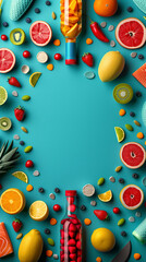 Fototapeta na wymiar Creative food arrangement with a mix of fruits, vegetables, and juice bottles on a blue backdrop with central space for text, perfect for healthy lifestyle themes.