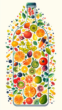 Illustration of a bottle silhouette filled with an array of colorful fruits and vegetables, depicting a wholesome mix of nutrients for a balanced diet