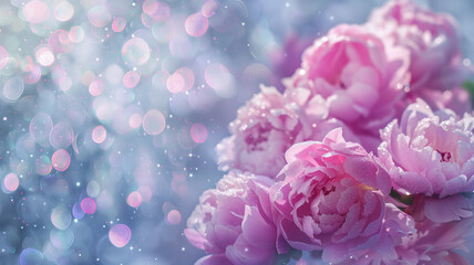 peonies with glitter bokeh background. Copy space.	

