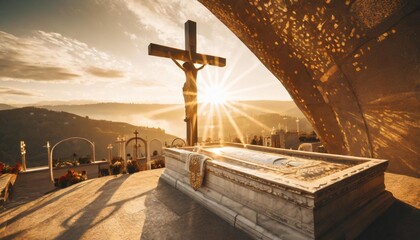 resurrection of jesus christ tomb empty with shroud and crucifixion at sunrise - obrazy, fototapety, plakaty