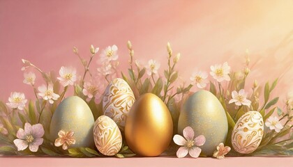 happy easter eggs poster with spring flowers on a pink background