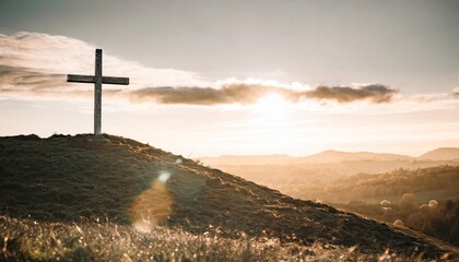 a cross on a hill with the sunset in the background easter concept