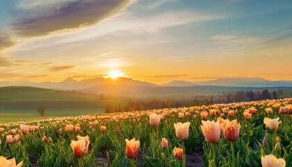 beautiful tulip flowers and panoramic landscape with a serene sunrise