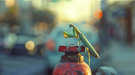 Perched atop a fire hydrant a praying mantis patiently waits for its next meal perfectly still and unseen by the hustle and bustle of cars and pedestrians passing by.