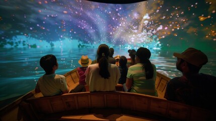 A group of friends sit in a virtual boat backs turned away from the camera as they navigate through the vast digital waters . . - obrazy, fototapety, plakaty