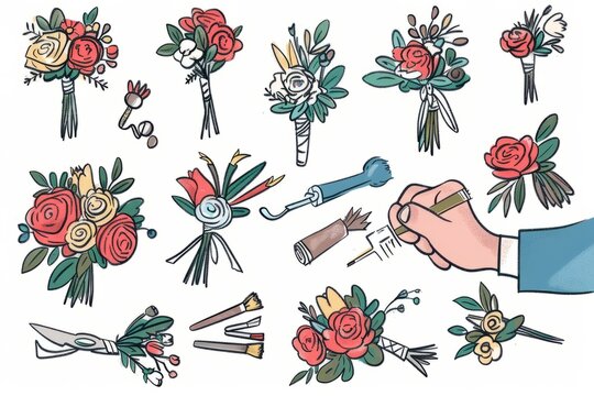 Cartoon cute doodles of a florist creating a corsage or boutonniere for a prom or formal event, Generative AI