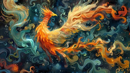 Traditional art nouveau style phoenix illustration poster background