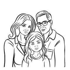  Family containing father, mother and a young daughter. Family portrait style illustration. Linear illustration with transparent background.