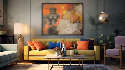 Explore the role of AI-generated art and decor in the stylish living room, depicting how it evolves throughout the day to create different atmospheres