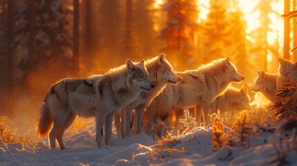 Carnivore pack of wolves in snowy forest at sunset