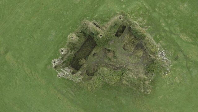 The historic carbury castle ruins in kildare, ireland, surrounded by lush greenery, aerial view